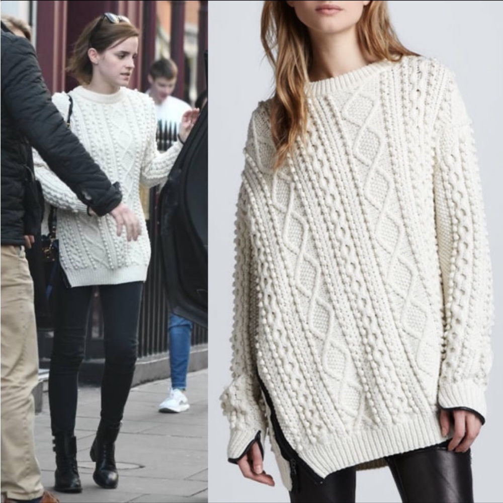 ASO Emma Watson 3.1 Phillip Lim Cable Bobble Ivory Cream Fisherman Sweater Small